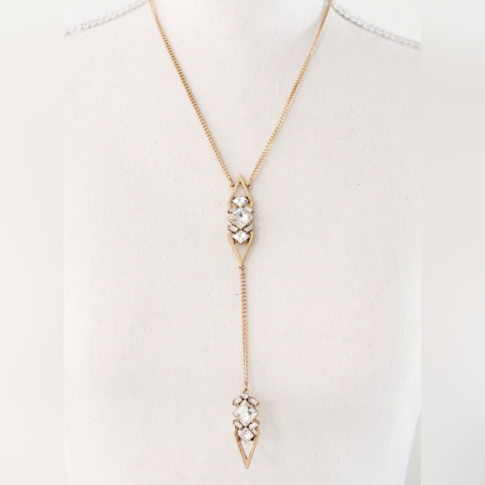 Geometric Marquis Lariat Necklace Set In Antique Gold Tone Metal- NEW - Picture 3 of 3